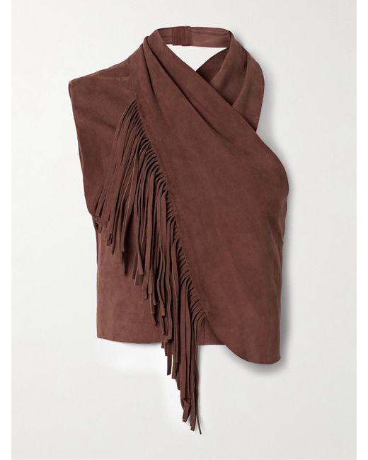 Johanna Ortiz Brown Deer Track Fringed Suede Halterneck Top