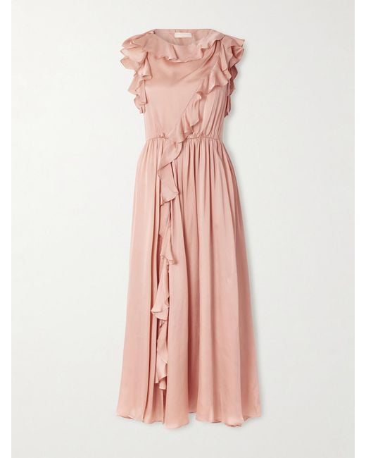 Ulla Johnson Pink Saanvi Midikleid Aus Seidensatin Mit Raffungen Und Rüschen