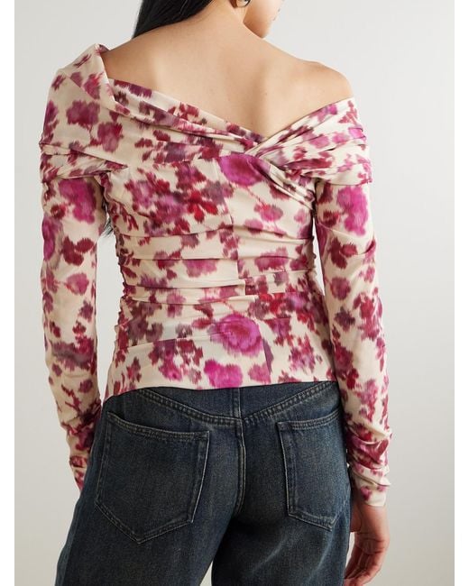 Isabel Marant Pink Danka Off-The-Shoulder Draped Floral-Print Stretch-Silk Top
