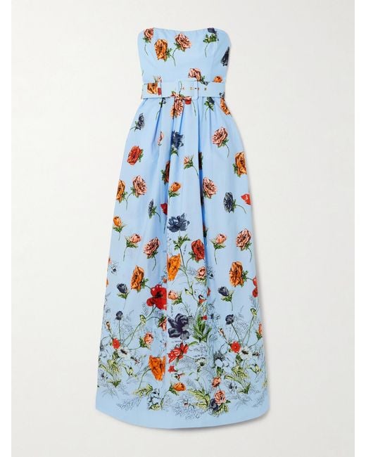 Cara Cara Blue Greenfield Belted Strapless Smocked Floral-Print Cotton-Poplin Maxi Dress