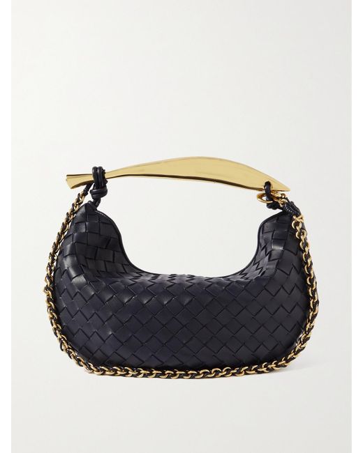 Bottega Veneta Blue Sardine Small Intrecciato Leather Shoulder Bag With Chain