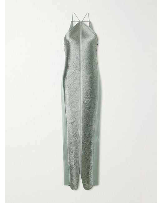Cult Gaia White Renata Fringed Satin-Trimmed Mesh Gown