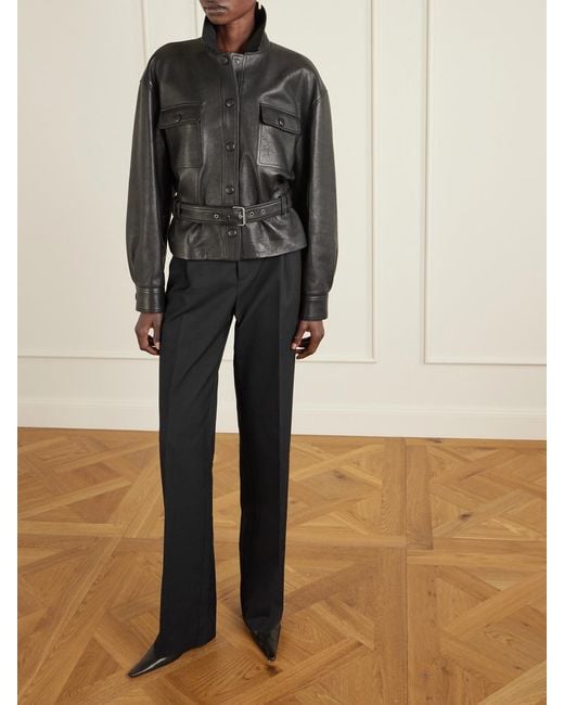 Saint Laurent Black Pleated Grain De Poudre Wool Straight-Leg Pants