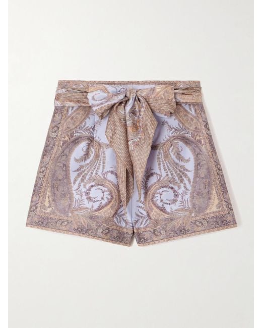 Zimmermann Purple Shorts Aus Bedrucktem Twill Aus Einer Seiden-Baumwollmischung Mit Bindegürtel
