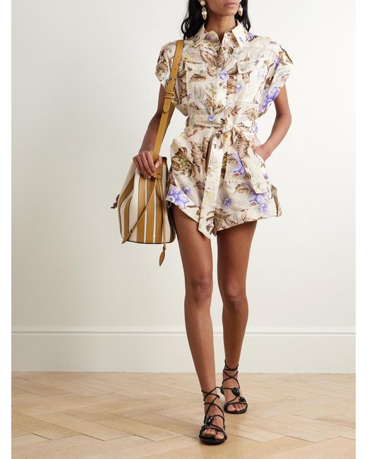 Zimmermann Natural Coco Belted Printed Linen Playsuit