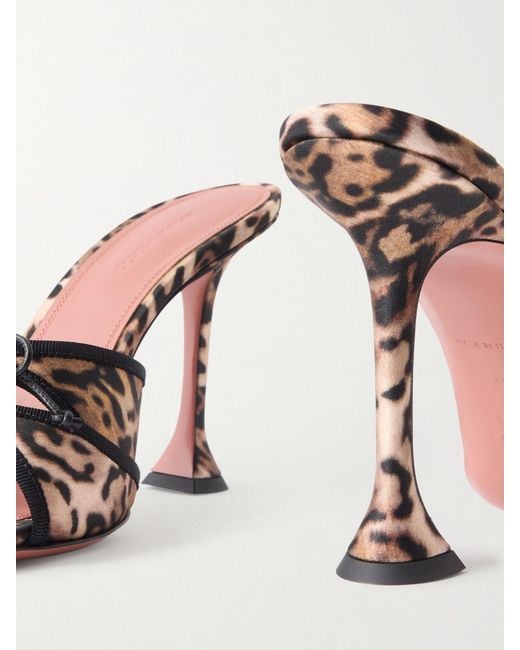 AMINA MUADDI Natural Eleonora Bow-Detailed Leopard-Print Satin Mules