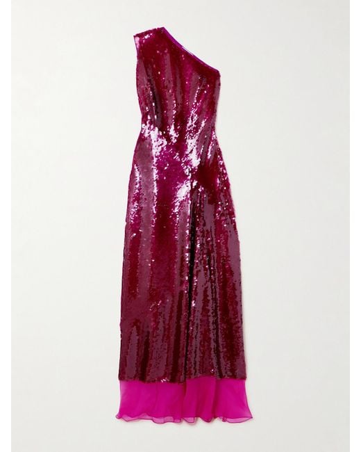 Stella McCartney Purple One-Shoulder Chiffon-Trimmed Sequined Tulle Gown