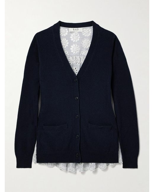 Sea Blue Lennon Paneled Merino Wool-Blend And Striped Broderie Anglaise Cotton-Poplin Cardigan