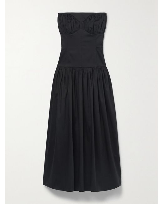 TOVE Black Lauryn Gathered Cotton-Blend Poplin Midi Dress