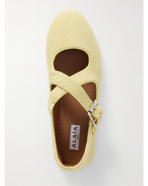 Alaïa Natural Criss Cross Leather-Trimmed Calf Hair Ballet Flats
