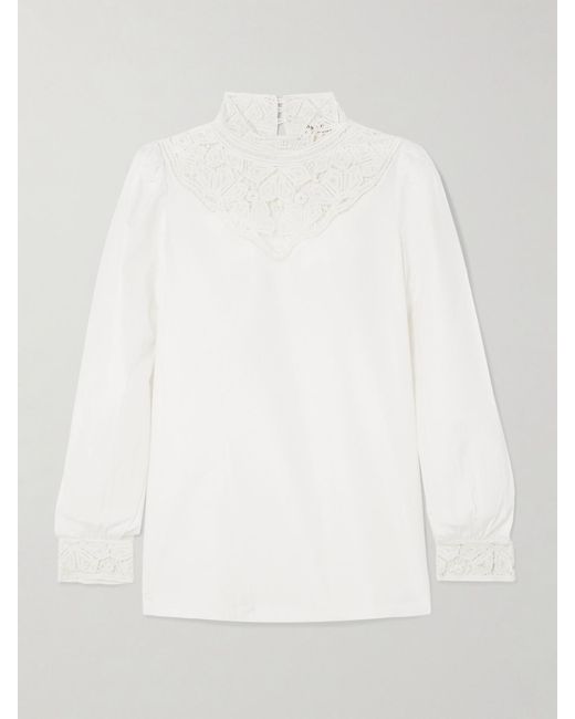 Emporio Sirenuse White Mikha Lace-Paneled Cotton-Blend Poplin Blouse
