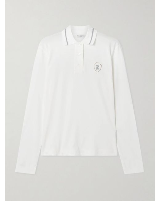 Brunello Cucinelli White Polohemd Aus Baumwoll-Jersey Mit Print