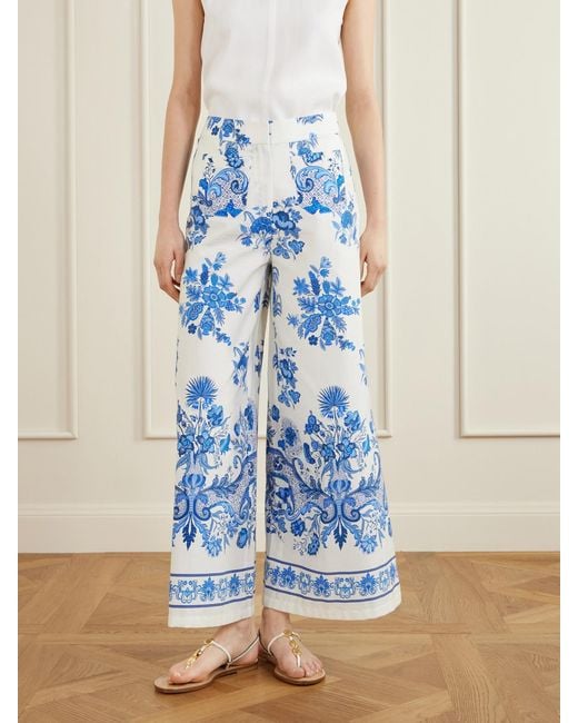 Emporio Sirenuse Blue Floral Printed Cotton Wide-Leg Pants
