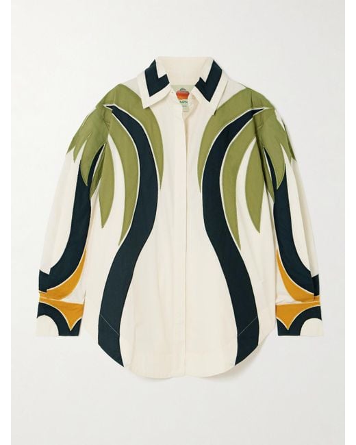 Farm Rio White Coconut Tree Flow Pintucked Paneled Cotton Blouse