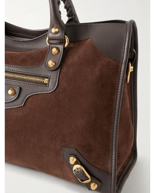 Balenciaga Brown Le City Studded Leather-Trimmed Suede Shoulder Bag
