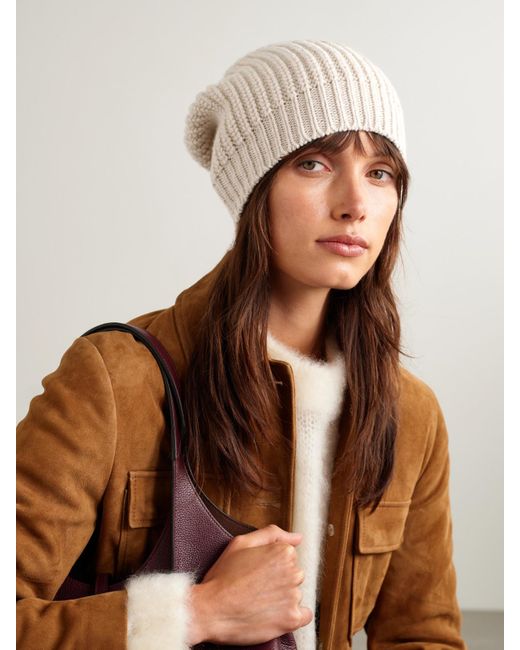 Brunello Cucinelli Natural Sequin-Embellished Ribbed Cashmere And Silk-Blend Beanie