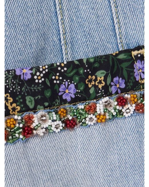 Valentino Garavani Blue Embellished Printed Chiffon-Trimmed Denim Jacket