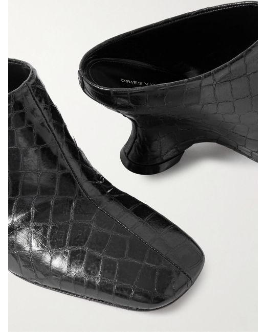 Dries Van Noten Black Mules Aus Leder Mit Krokodileffekt