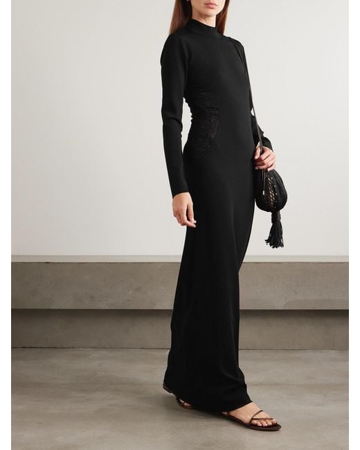 Stella McCartney Black Paneled Lace-Trimmed Stretch-Knit Turtleneck Maxi Dress