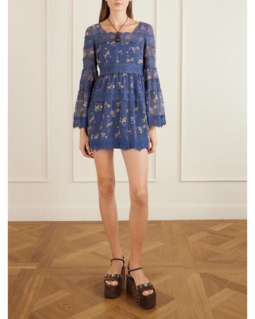 Anna Sui Blue Pleated Floral-Print Lace-Trimmed Chiffon Mini Dress
