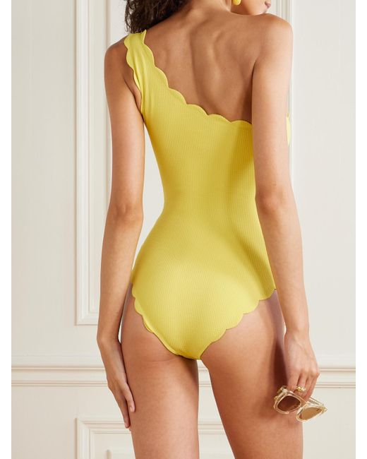 Marysia Swim Yellow Santa Barbara One-Shoulder Scalloped Seersucker Swimsuit