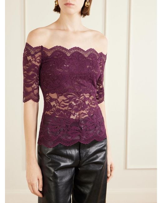 Rabanne Purple Off-The-Shoulder Lace Blouse