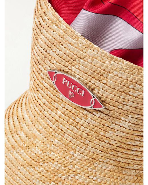 Emilio Pucci Red Nella Leather-Trimmed Raffia And Printed Satin-Twill Tote