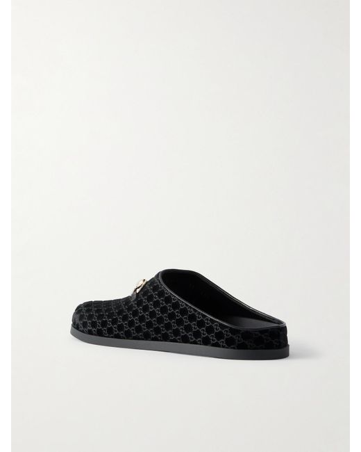 Gucci White New Sol Horsebit-Detailed Leather-Trimmed Velvet Slippers