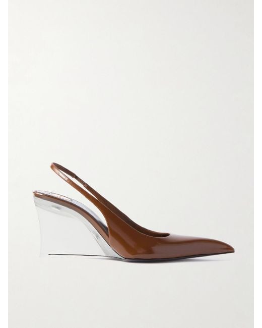 Saint Laurent White Miller Slingback-Pumps Aus Lackleder Mit Keilabsatz