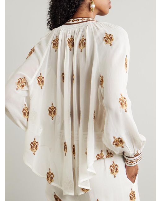 Farm Rio Natural Anchor Tapestry Gathered Embroidered Georgette Blouse