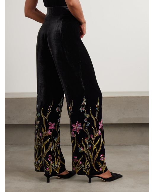 Loretta Caponi Black Cipro Embroidered Velvet Straight-Leg Pants