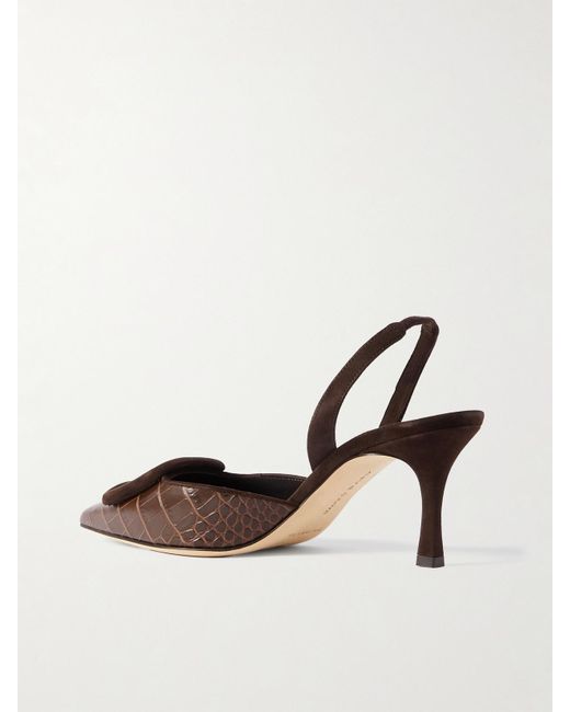 Manolo Blahnik Brown Mayslibi 70 Buckled Suede-Trimmed Croc-Effect Leather Slingback Pumps