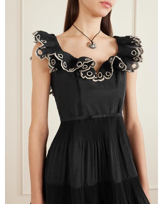 Zimmermann Black Belted Embroidered Ruffled Pleated Organza Mini Dress