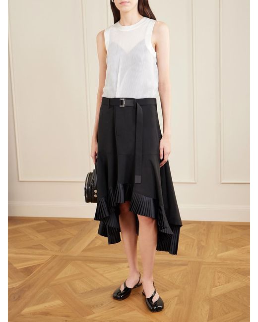 Sacai White Pleated Wool-Trimmed Plissé-Chiffon Midi Dress
