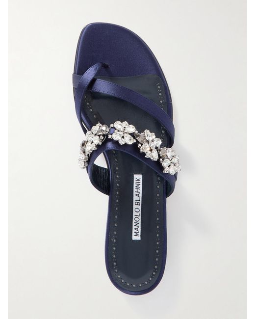 Manolo Blahnik Blue Perlusa Crystal-Embellished Satin Sandals