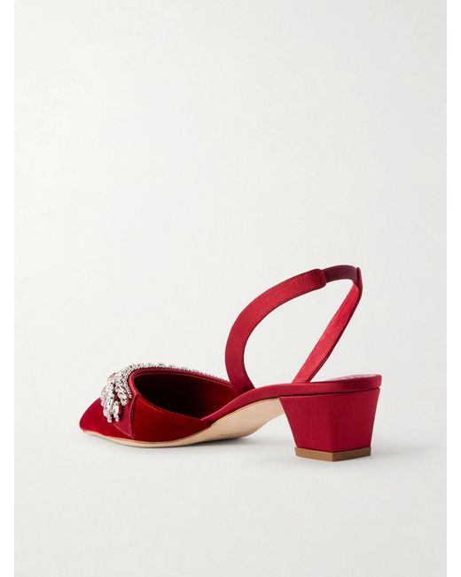 Manolo Blahnik Red Bequila 30 Embellished Velvet Slingback Pumps