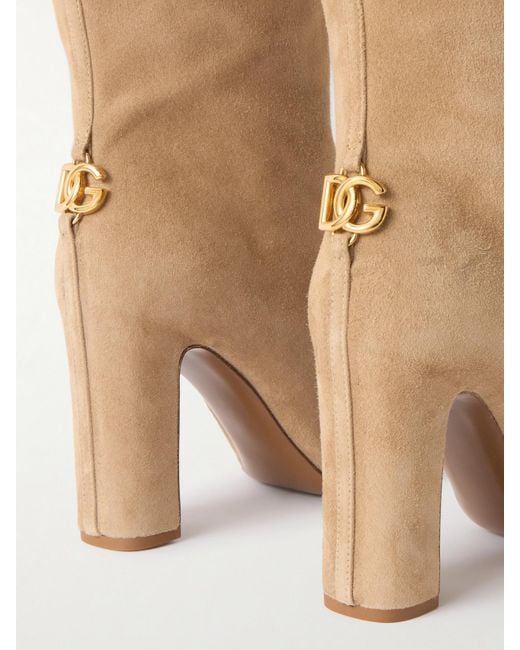 Dolce & Gabbana White Kniehohe Stiefel Aus Veloursleder Mit Verzierung