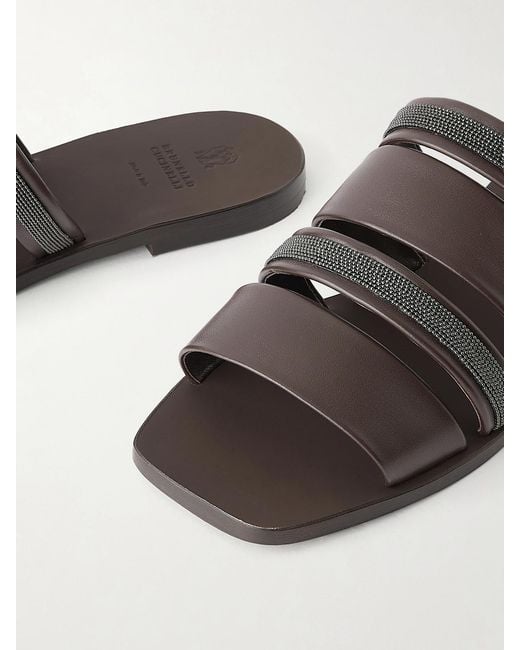 Brunello Cucinelli Brown Embellished Leather Sandals