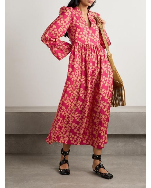 Alix Of Bohemia Ines Gathered Printed Silk Midi Dress