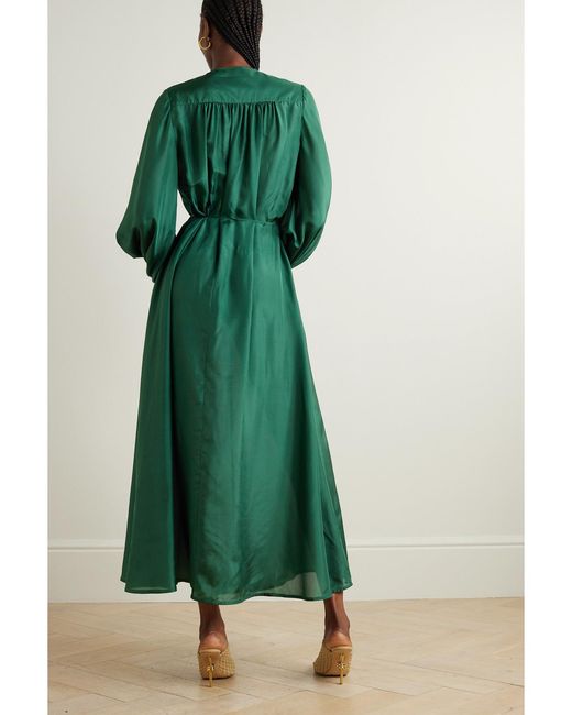 Zimmermann Green Net Sustain Junie Billow Belted Organic Silk Midi Dress