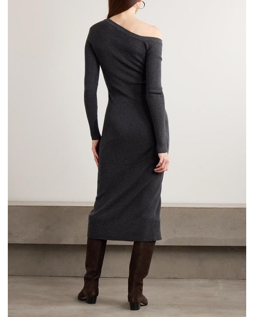 Staud Black Craftsman Off-The-Shoulder Ribbed Cotton And Wool-Blend Midi Dress