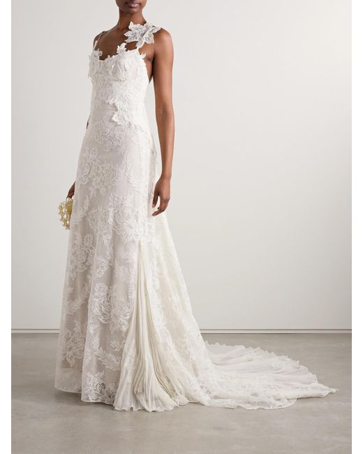 Danielle Frankel White Edie Appliquéd Silk Chiffon-Trimmed Cotton-Blend Corded Lace Gown