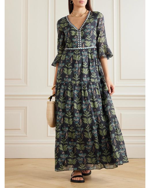 Emporio Sirenuse Blue Bella Maxikleid Aus Bedruckter Baumwollpopeline Mit Stickereien