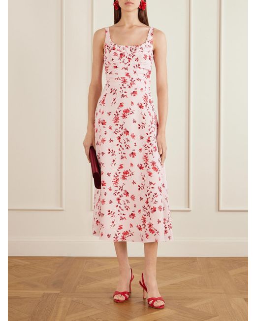 Emilia Wickstead Pink Verena Ruched Floral-Print Silk Midi Dress