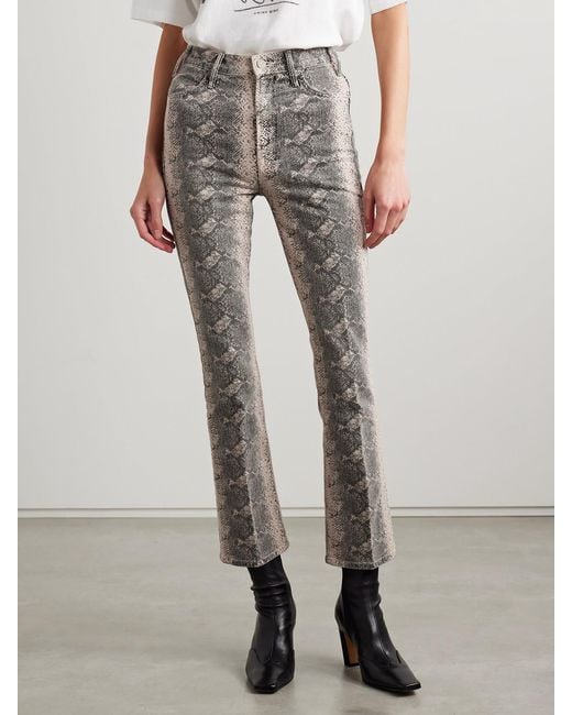 Mother Gray The Hustler Cropped Snake-Print High-Rise Flared Jeans