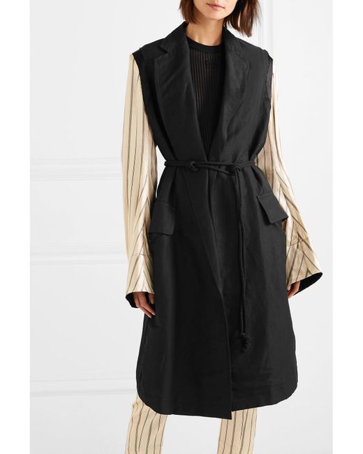 Ann Demeulemeester Black Satin-Paneled Linen-Blend Twill Coat