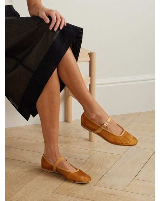 Le Monde Beryl Brown Patent Leather-Trimmed Mesh Mary Jane Ballet Flats