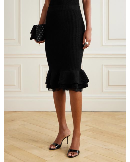 Nina Ricci Black Mehrlagiger Midirock Aus Einer Gerippten Wollmischung Mit Volants Und Tüllbesatz