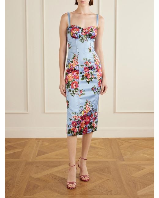 Dolce & Gabbana White Floral-Print Satin Bustier Midi Dress