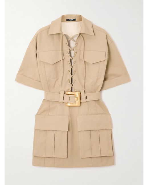 Balmain Natural Belted Cotton-Gabardine Mini Dress